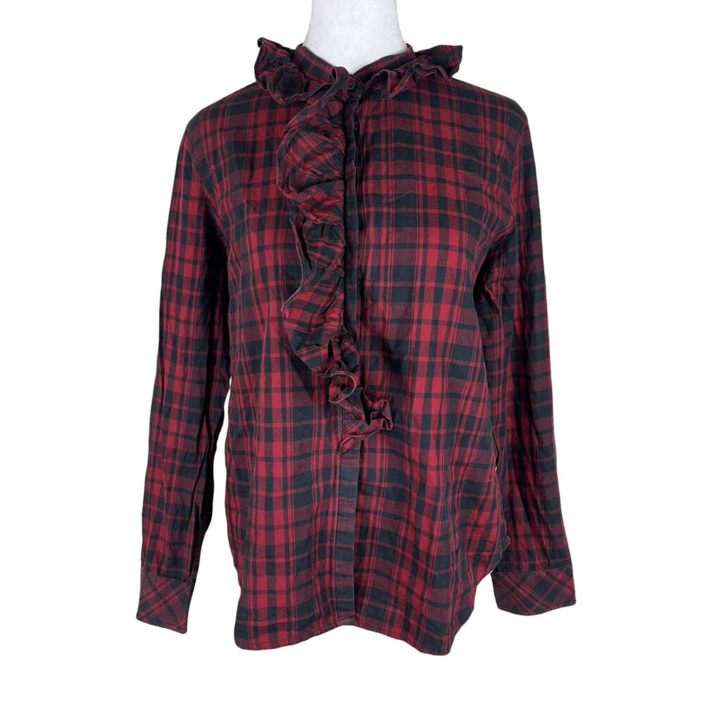 Lauren Ralph Lauren Red Buffalo Plaid Ruffle Button Shirt Size Petite Large